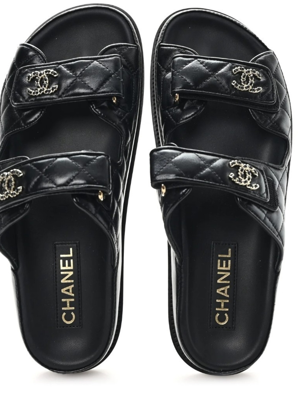 CHANEL Black Quilted Double-Strap CC Logo Sandal Slides